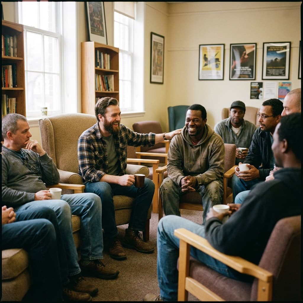 Residents talking together in the living room of a sober living home